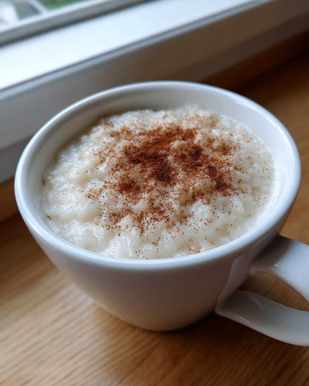 Close-up of creamy rice pudding recipe served in a white mug, generously dusted with cinnamon.