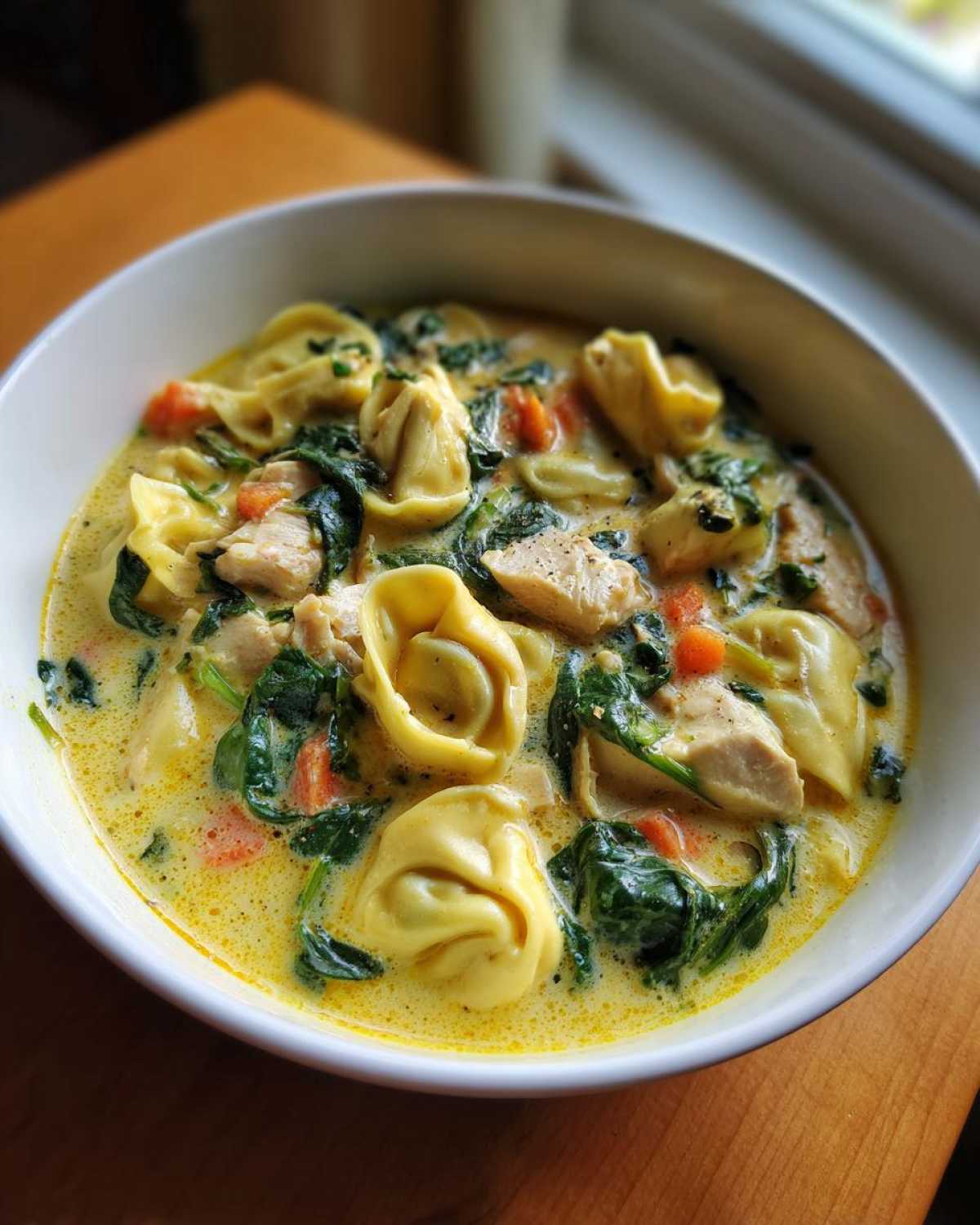 Close-up of a white bowl filled with rich, creamy tortellini soup featuring cheese tortellini, spinach, carrots, and chicken pieces.