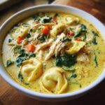 A close-up view of a bowl of rich, yellow creamy tortellini soup filled with shredded chicken, spinach, and chunks of carrot.