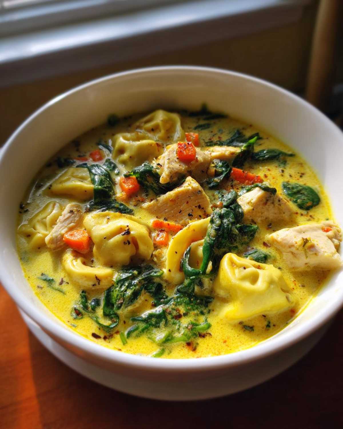 A close-up bowl of rich, yellow creamy tortellini soup featuring chunks of chicken, wilted spinach, and diced carrots.
