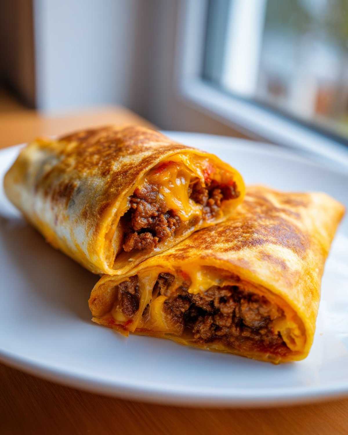 Close-up of a crispy beef chimichangas cut in half, showing seasoned ground beef and melted cheese filling.