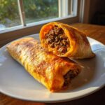 Two crispy beef Chimichangas on a white plate, one cut in half showing the seasoned ground beef filling.