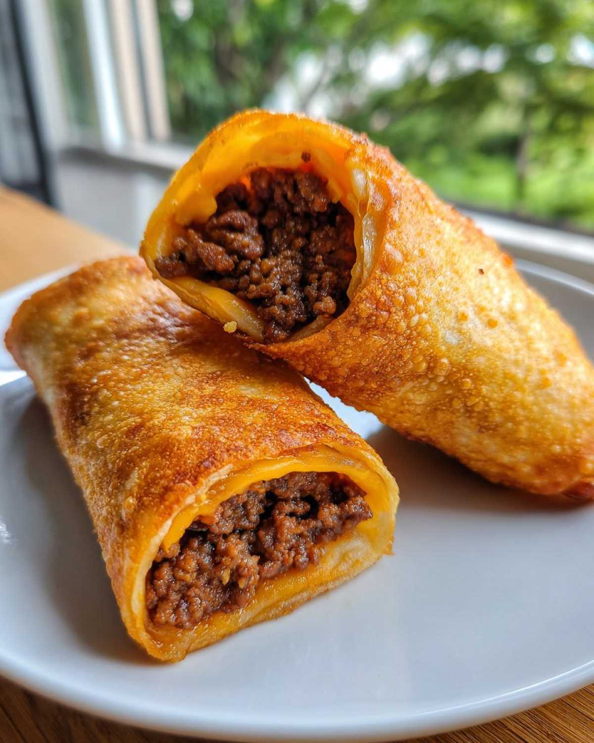 Two crispy, golden-brown beef Chimichangas cut in half showing the seasoned ground beef and melted cheese filling.