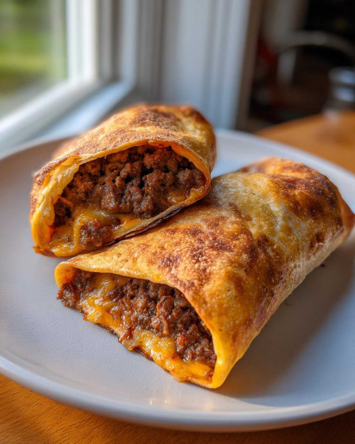 Two crispy beef Chimichangas cut in half on a plate, revealing a savory ground beef and melted cheese filling.