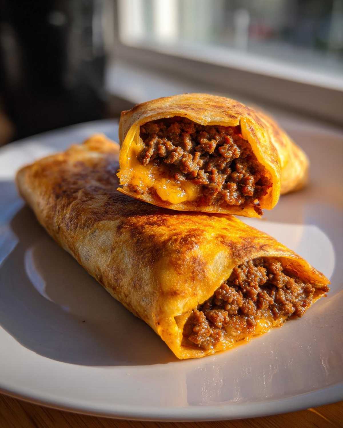 Two crispy beef Chimichangas on a white plate, one cut open revealing seasoned ground beef and melted cheese filling.