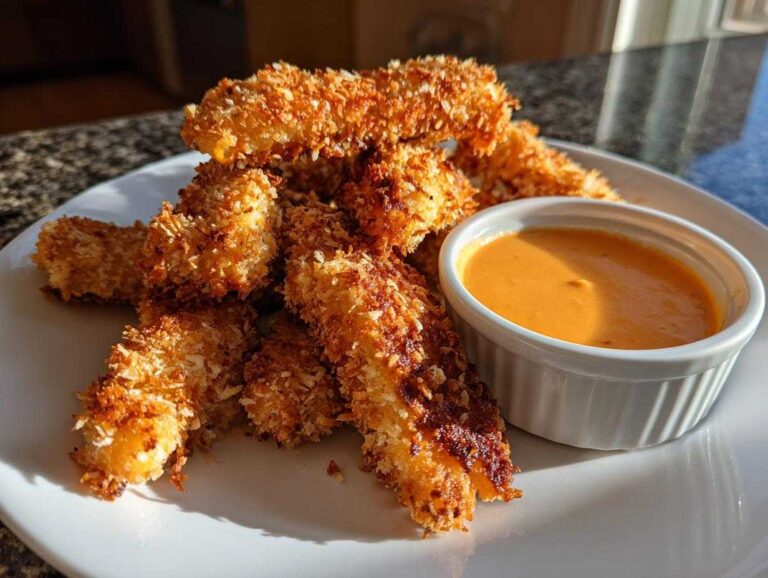 A pile of golden brown, crispy coconut chicken tenders served on a white plate next to a ramekin of orange dipping sauce.