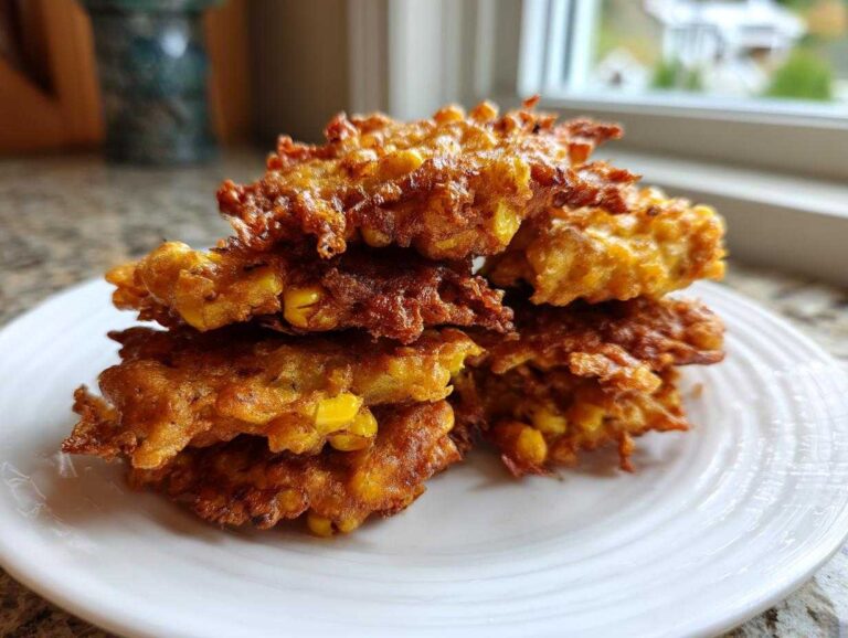 A stack of five golden-brown, crispy corn fritters piled high on a white plate.