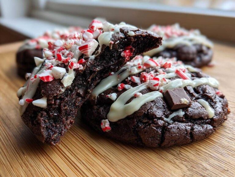 A rich, fudgy double chocolate peppermint cookie broken in half, drizzled with white chocolate and topped with crushed candy canes.