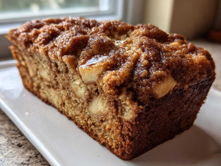 Close-up of a freshly baked loaf of apple bread showing chunks of apple and a rich, sugary cinnamon streusel topping.