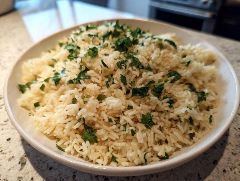 A white bowl filled with fluffy garlic butter rice, glistening slightly and topped generously with chopped fresh parsley.