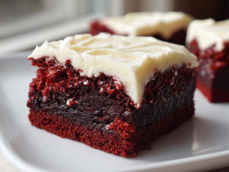 A close-up, featured image of a rich, dark red velvet brownies square topped with thick, white cream cheese frosting.
