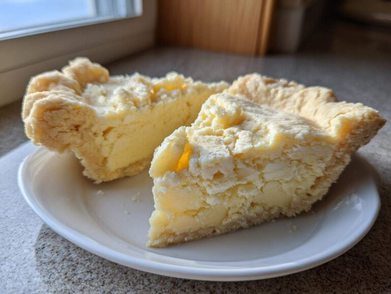 Two slices of creamy pie showcasing a thick, flaky butter pie crust holding a rich, pale yellow filling.