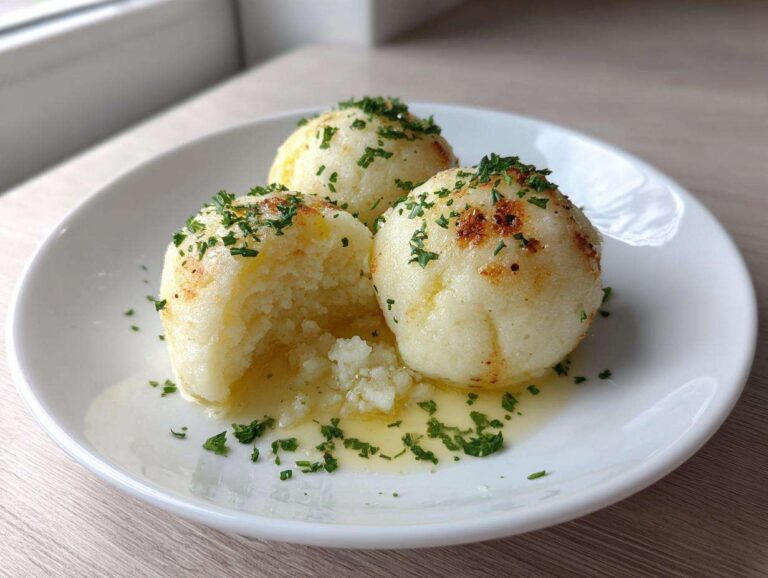 Three fluffy potato dumplings served on a white plate, drizzled with melted butter and sprinkled with fresh parsley.