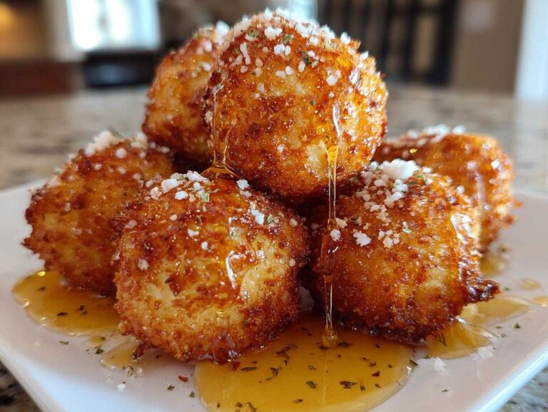 A stack of five crispy, golden-brown goat cheese balls drizzled generously with honey and topped with grated cheese.