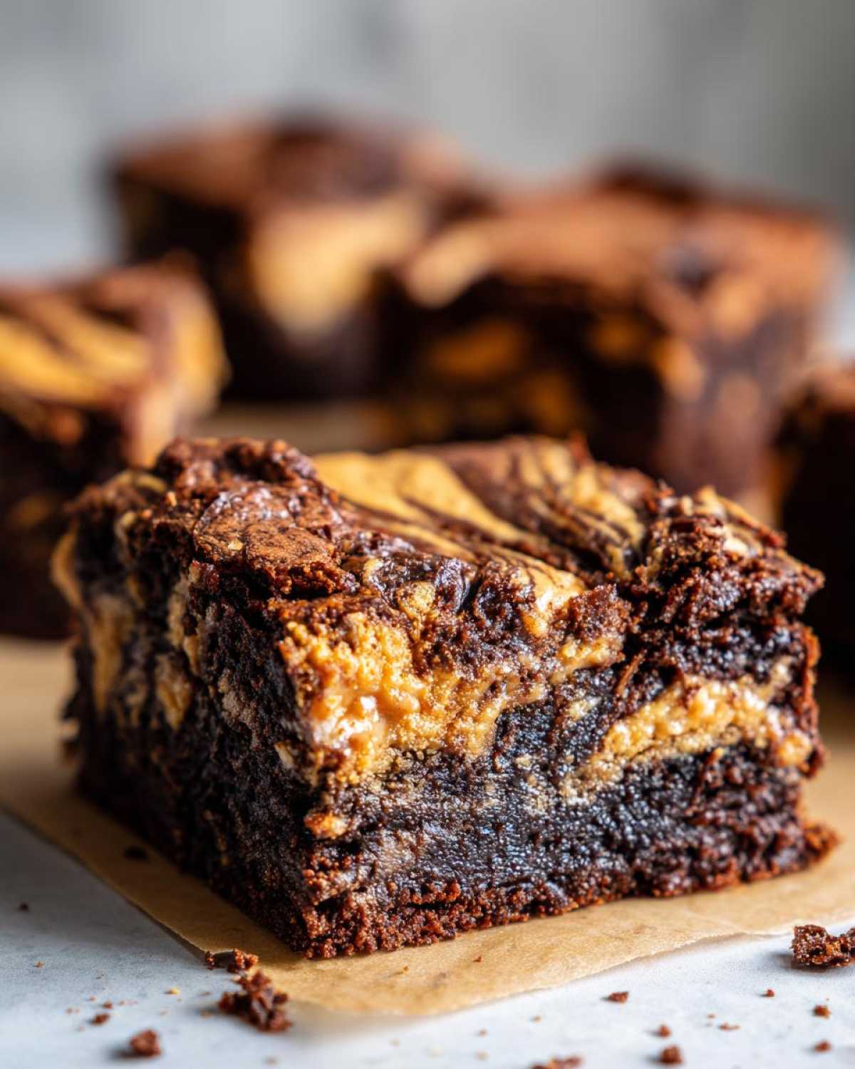A close-up, cross-section view of a fudgy peanut butter swirl brownies square resting on parchment paper.