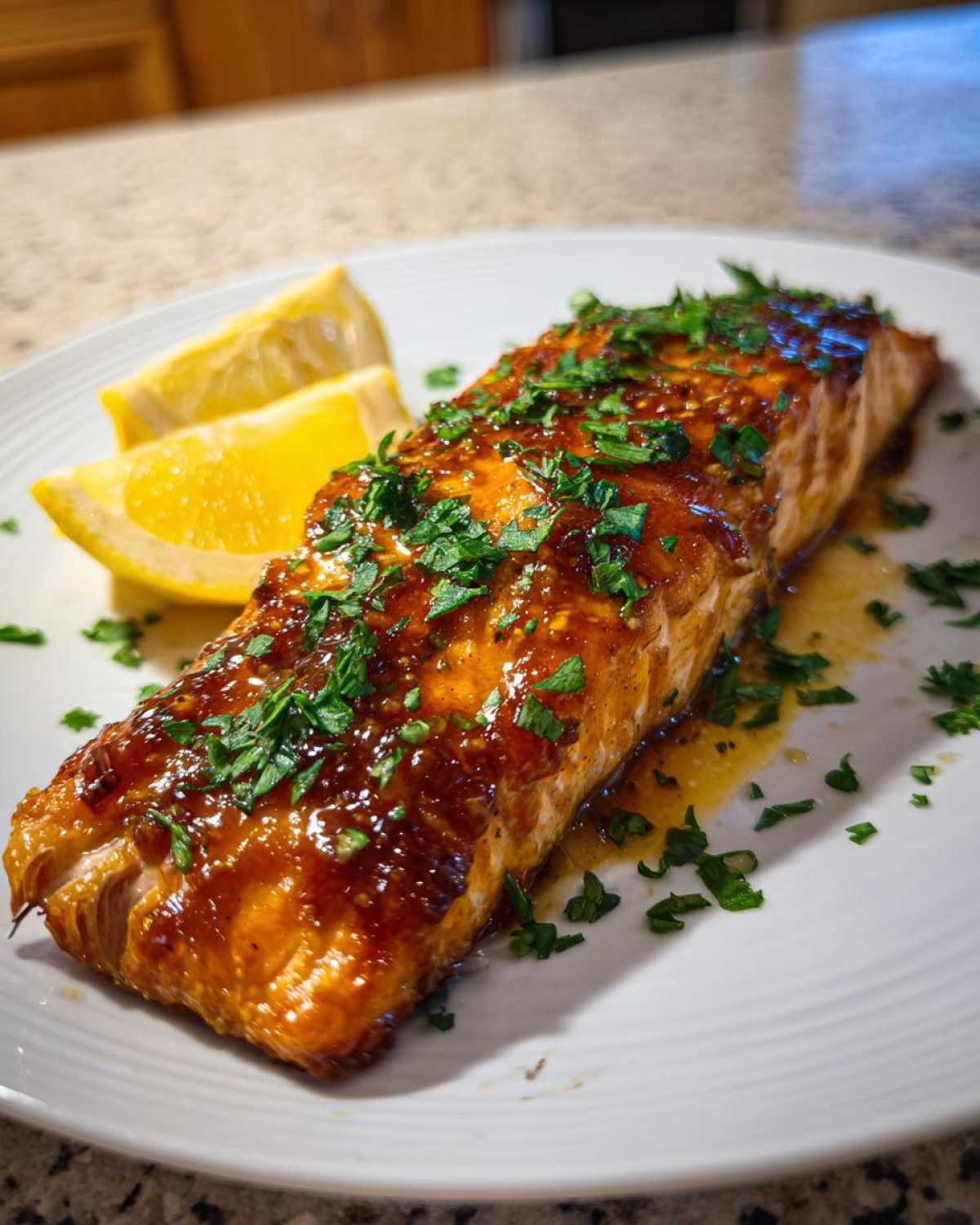A perfectly cooked, glazed salmon recipe fillet topped with fresh parsley and served with lemon wedges.