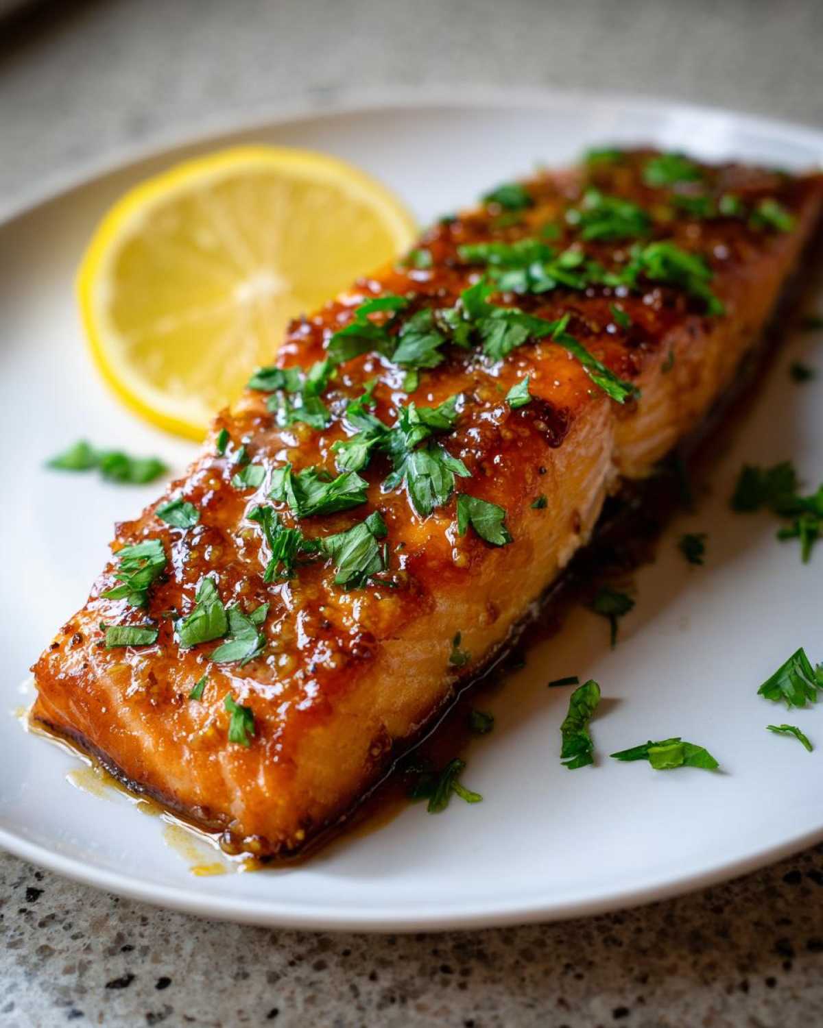 A close-up of a perfectly cooked, glazed salmon recipe fillet topped with fresh parsley and served with a lemon slice.