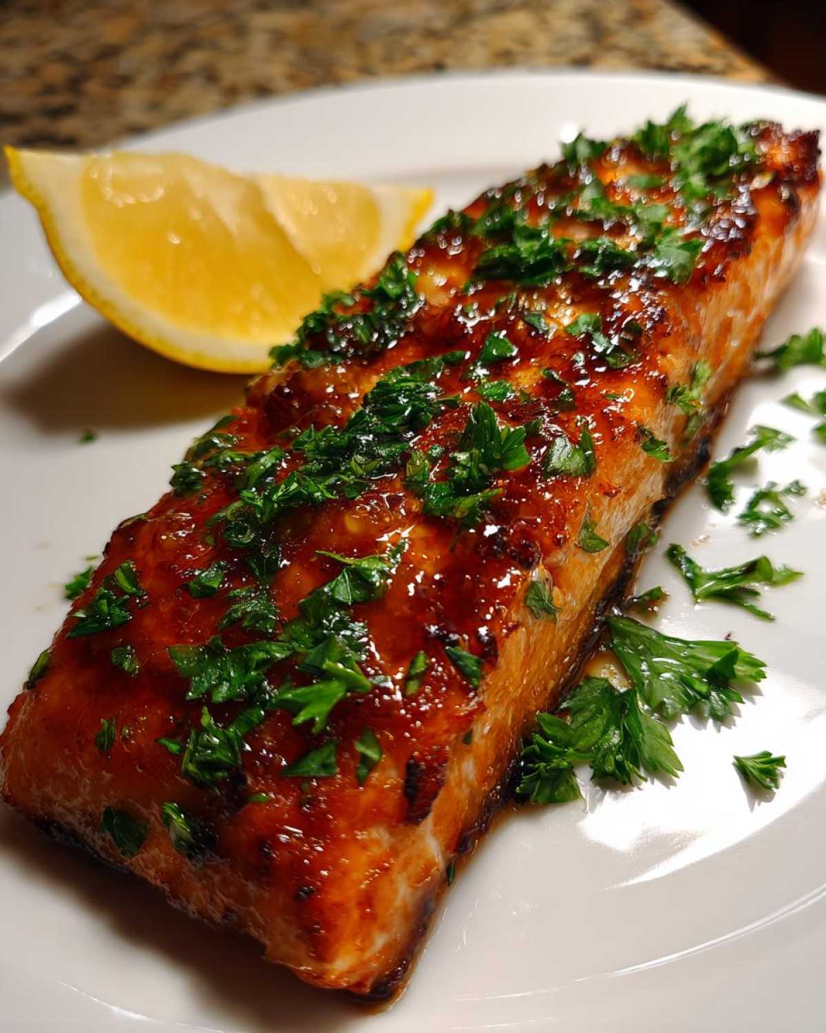 A perfectly cooked, glazed salmon recipe fillet topped with fresh parsley and served with a lemon wedge.
