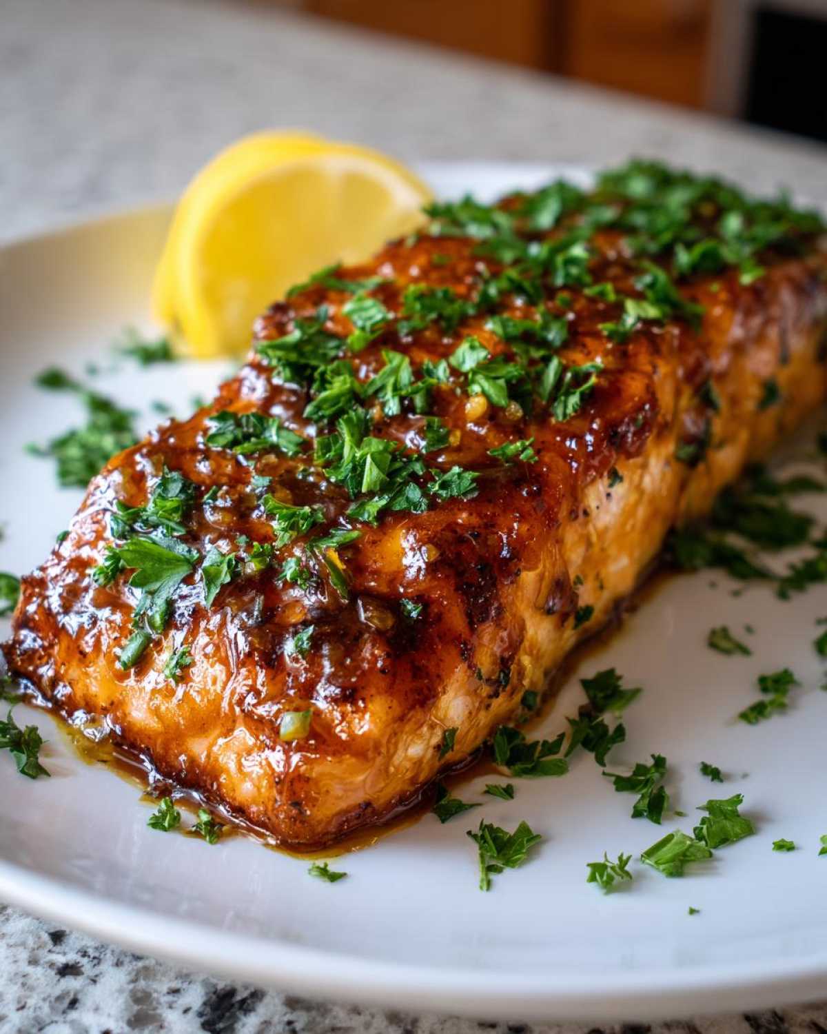 Close-up of a perfectly cooked salmon recipe fillet with a shiny, dark glaze, topped with chopped parsley and a lemon wedge.