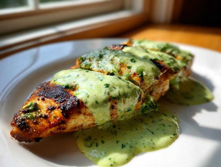 Grilled, sliced chicken breast generously covered in a bright green cilantro lime sauce on a white plate.