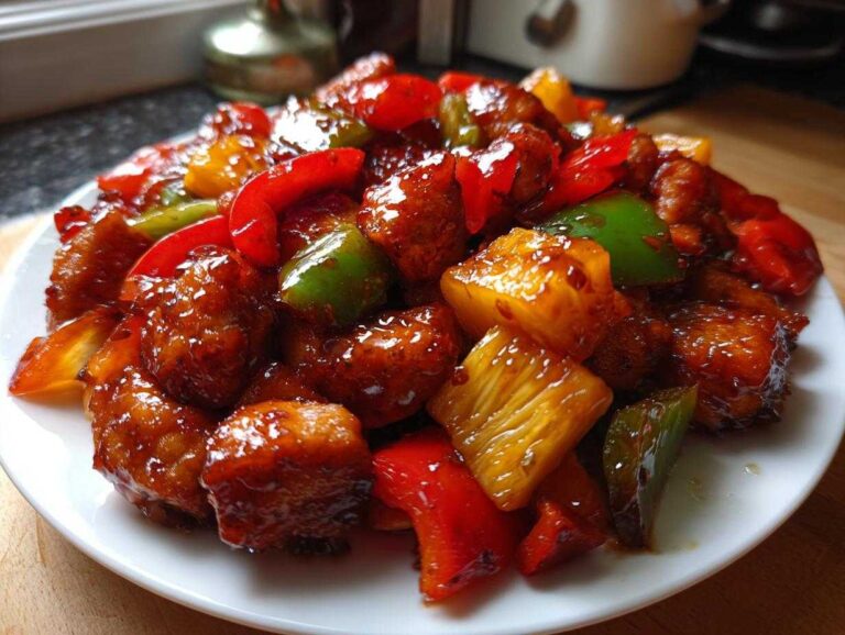 Close-up of glazed chicken pieces mixed with pineapple chunks and colorful bell peppers, resembling Hawaiian chicken sheet pan.