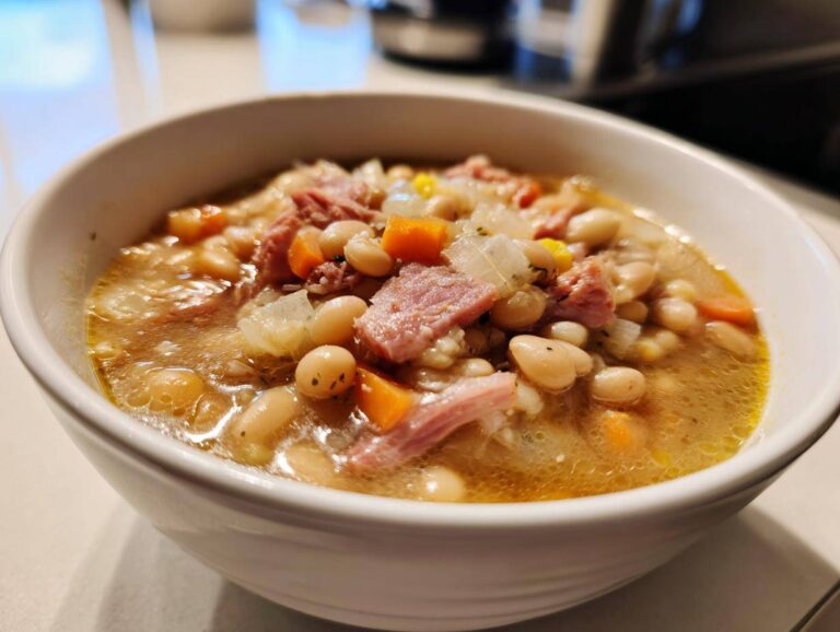 Close-up of a hearty bowl of ham and white bean soup with carrots and onions.