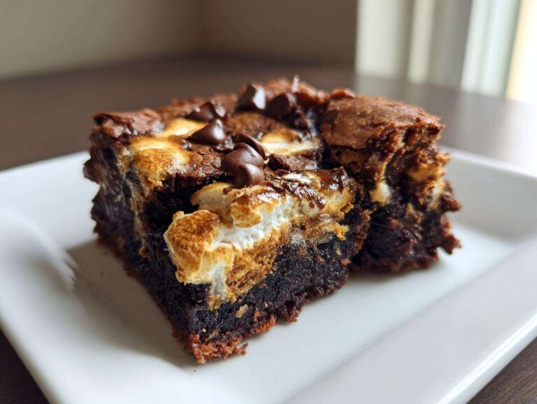 A rich, fudgy square of hot chocolate brownies topped with toasted marshmallow and chocolate chips, served on a white plate.