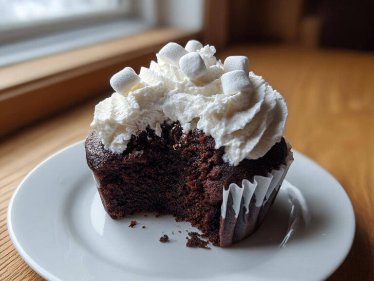 Close-up of a decadent hot chocolate cupcakes with a bite taken out, topped with whipped cream and mini marshmallows.