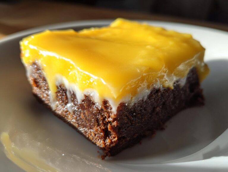 Close-up of a single serving of rich, dark Lemon Brownies topped with a thick, glossy layer of bright yellow lemon frosting.
