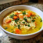 Close-up of a white bowl filled with Lemon Ginger Turmeric Chicken and Rice Soup, featuring shredded chicken, rice, carrots, and parsley.