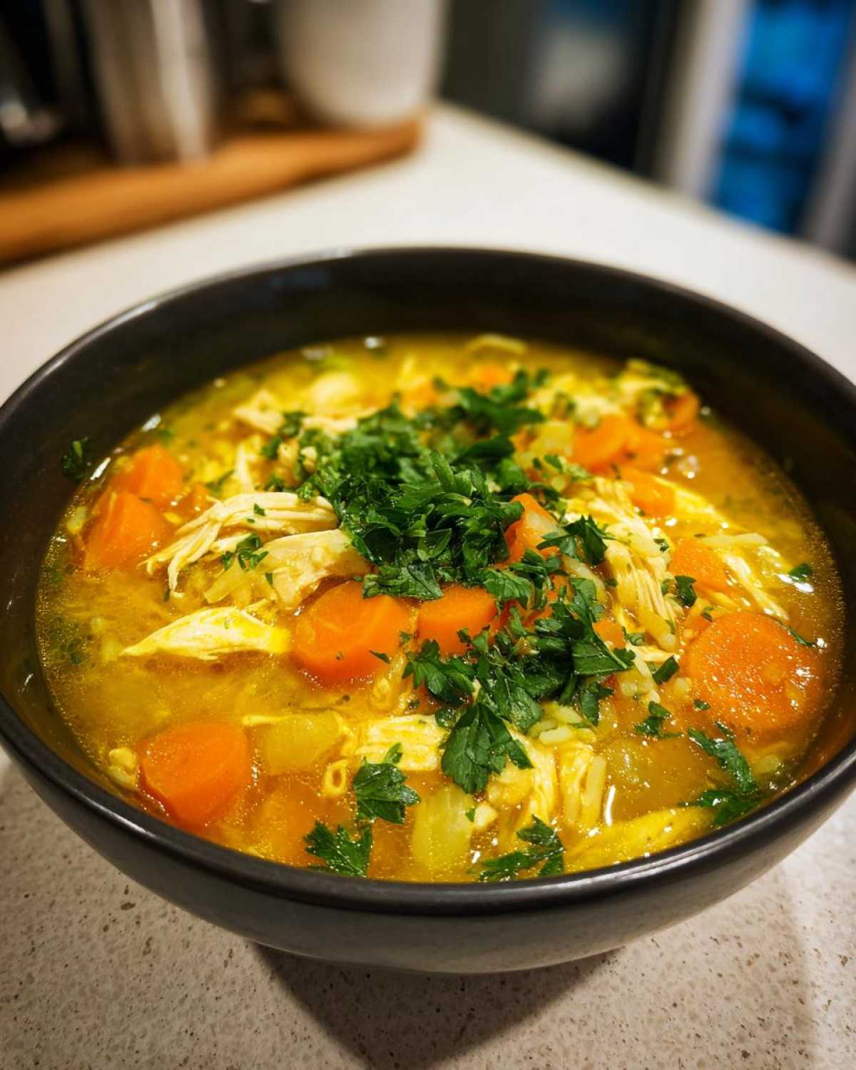 Close-up of a black bowl filled with vibrant yellow Lemon Ginger Turmeric Chicken and Rice Soup, topped with shredded chicken, carrots, and fresh parsley.