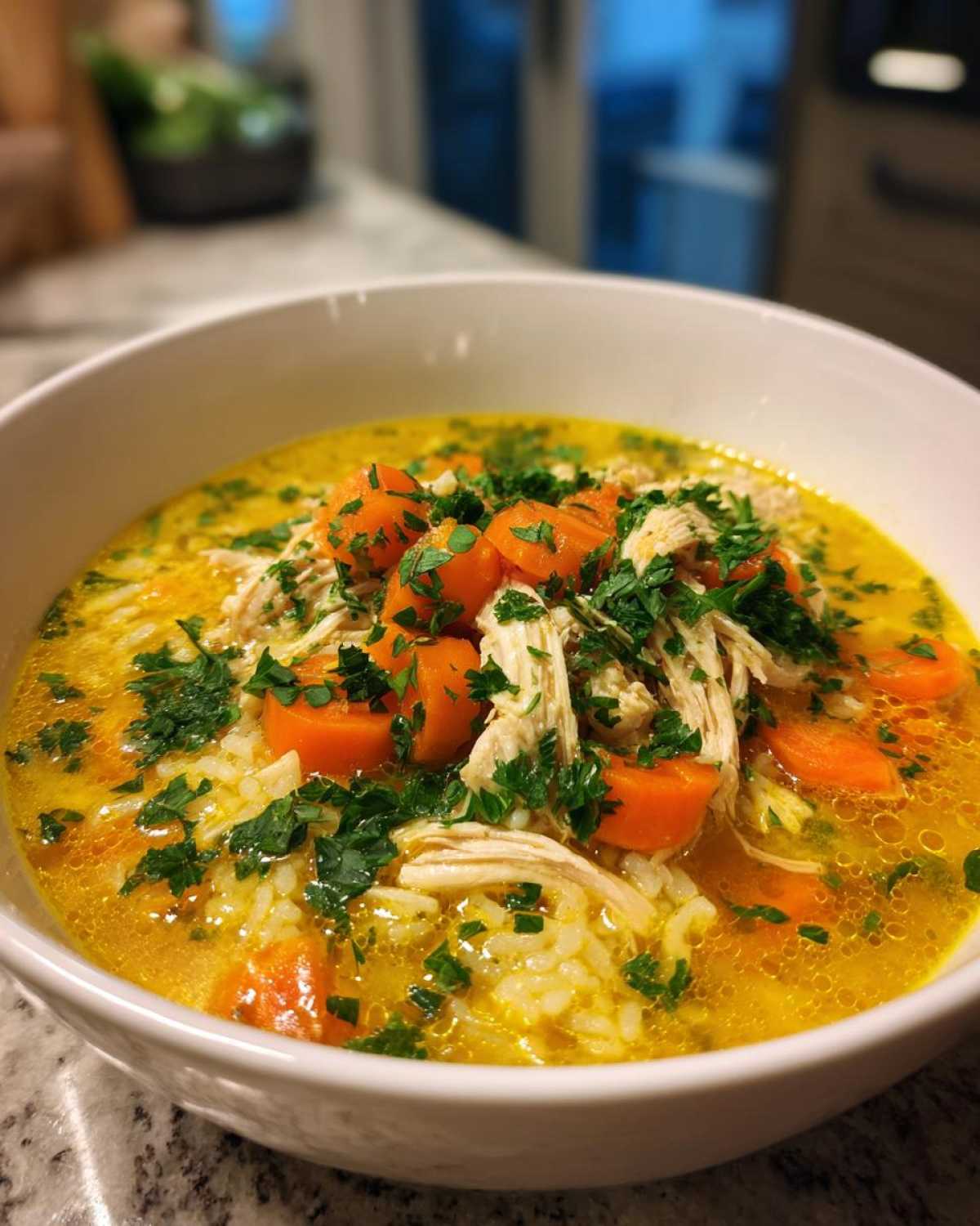 Close-up of a white bowl filled with vibrant yellow Lemon Ginger Turmeric Chicken and Rice Soup, topped with shredded chicken, carrots, and parsley.