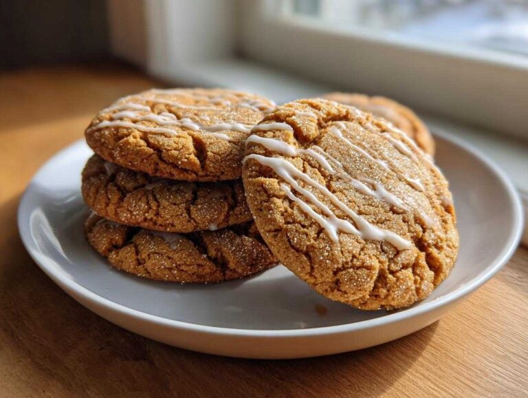 A stack of soft maple brown sugar cookies drizzled with white icing, resting on a white plate near a window.