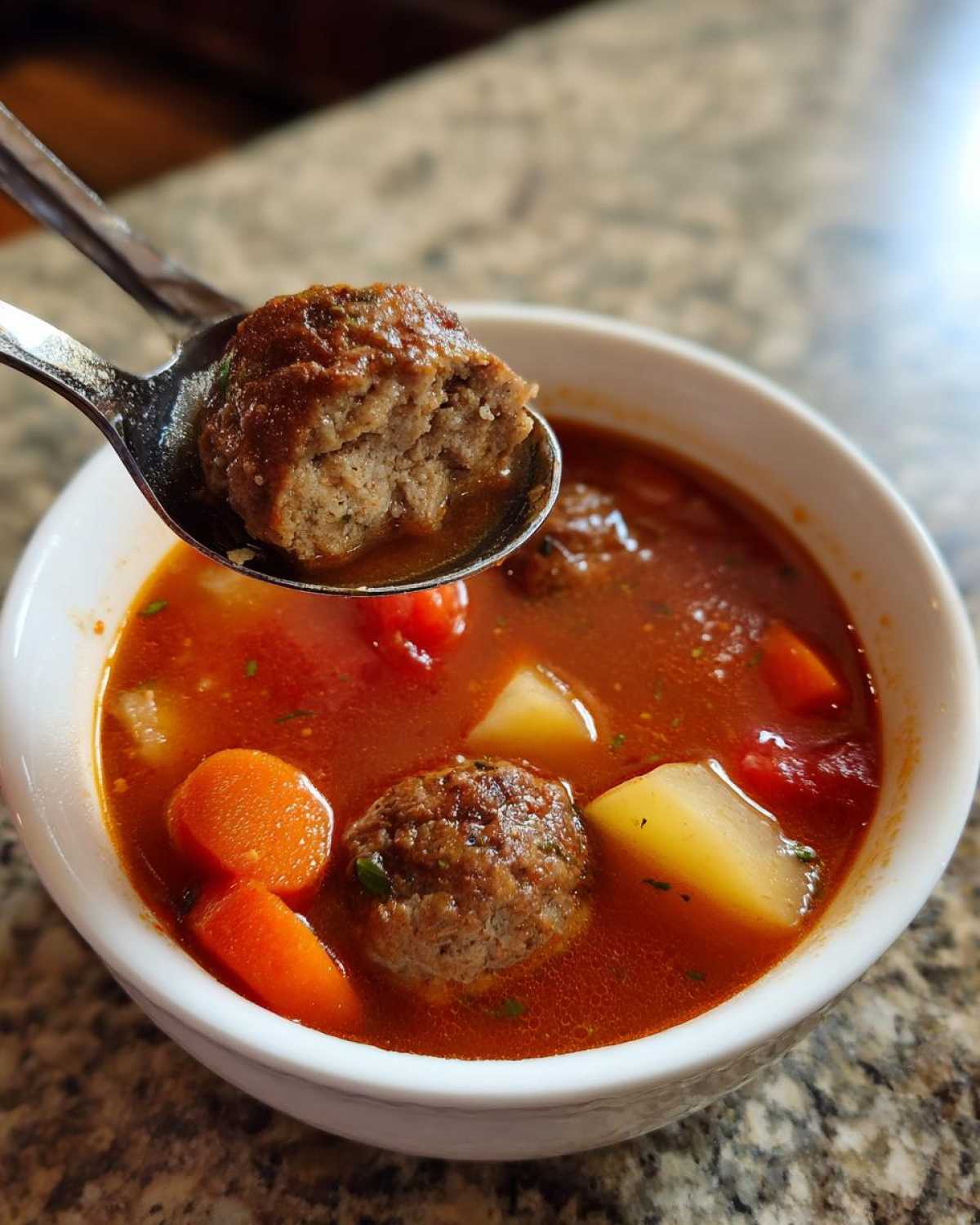 A spoonful of rich albondigas soup is lifted, showing a perfectly cooked meatball cut in half, revealing its texture.