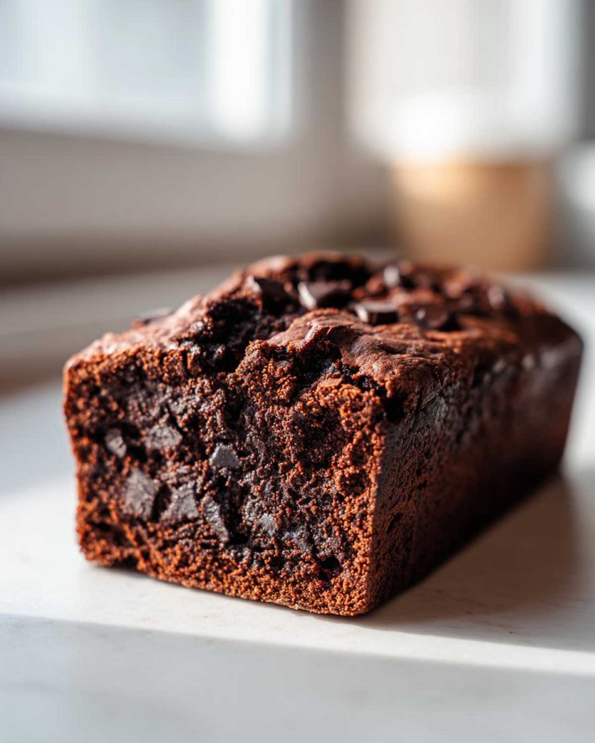 A close-up of a freshly baked, moist chocolate bread loaf topped with melted chocolate chips.