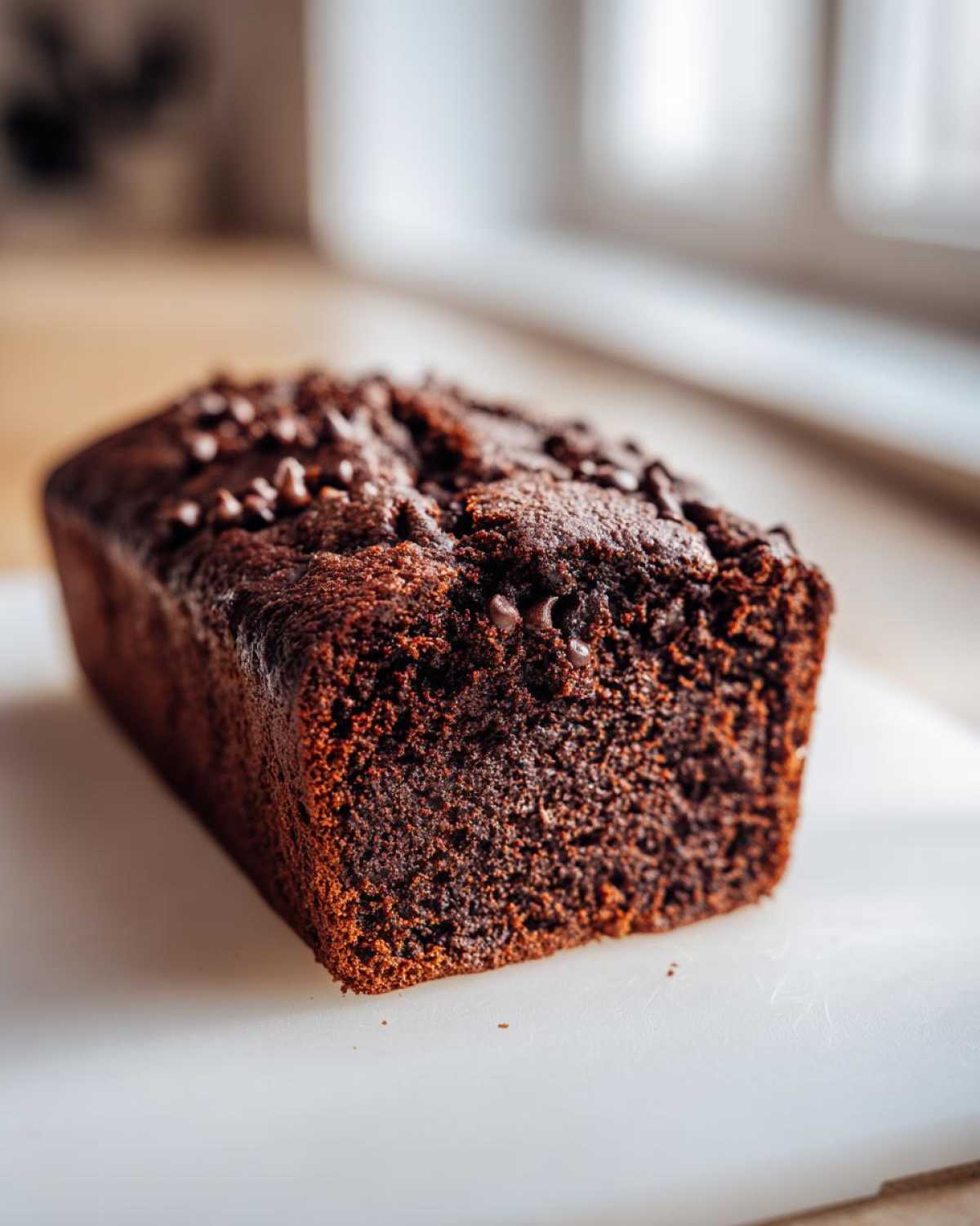 A close-up, vertical shot of a freshly baked, dark brown chocolate bread loaf topped with chocolate chips.
