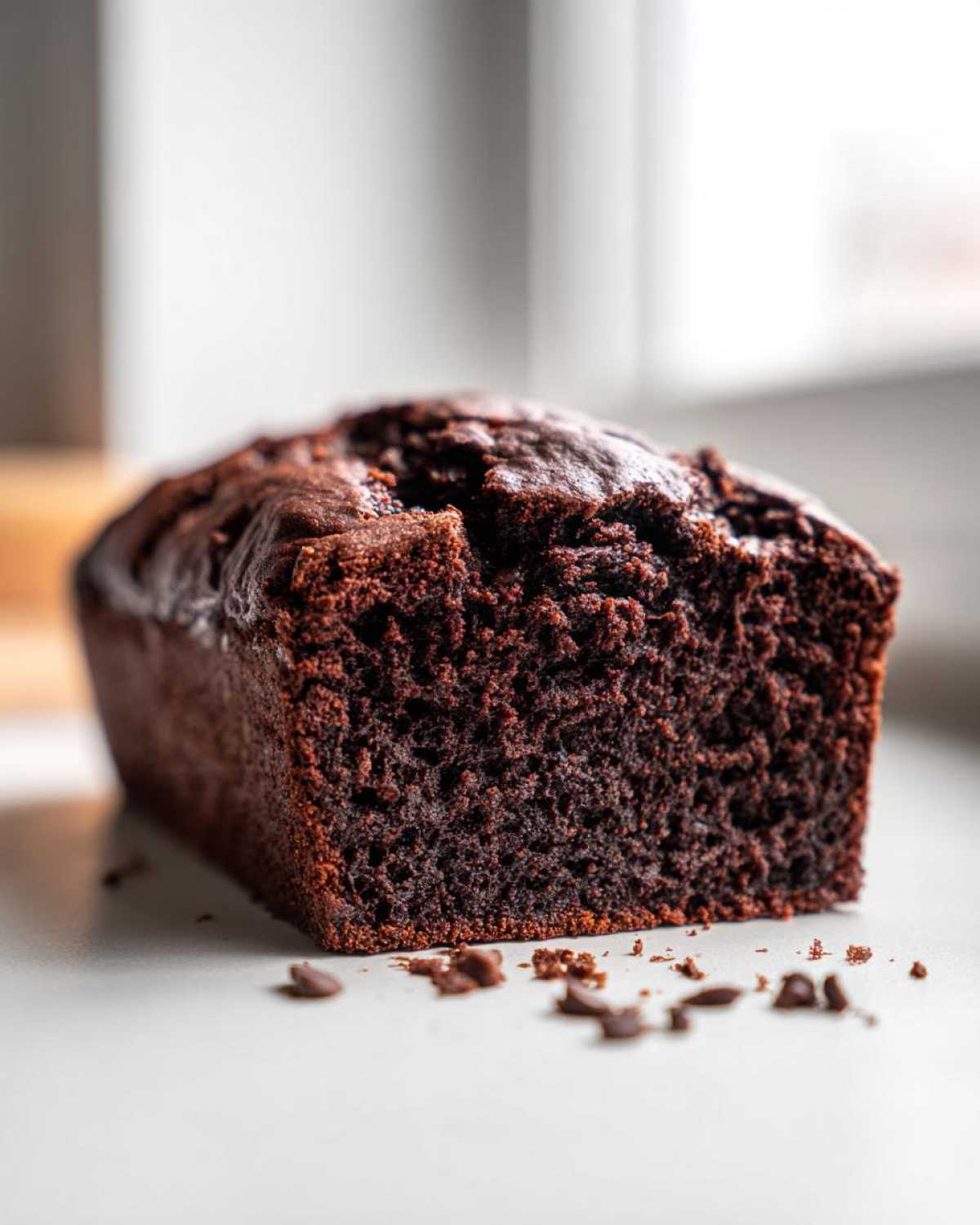 Close-up of a moist chocolate bread loaf showing its dark, rich crumb texture.
