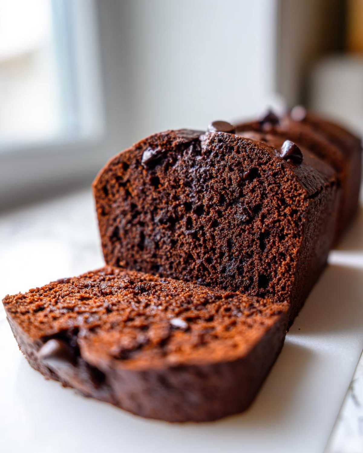 Close-up of moist chocolate bread, sliced to show the rich, dark crumb studded with chocolate chips.