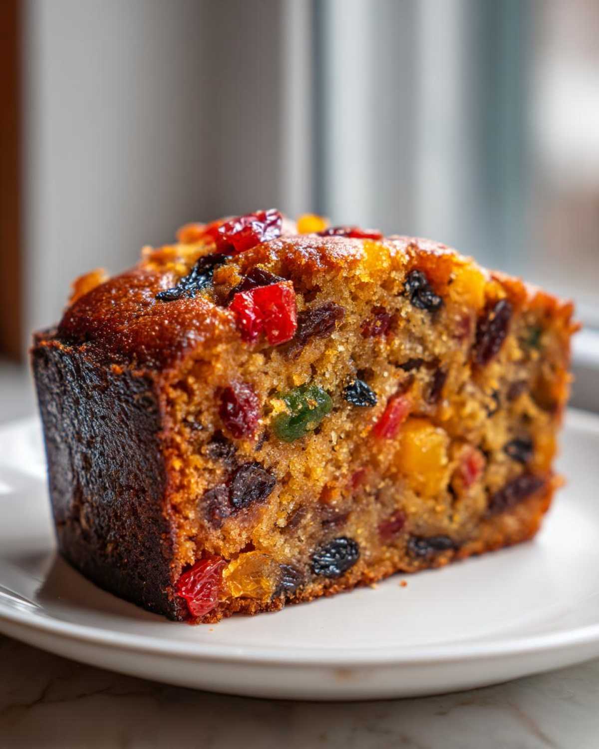 Close-up of a moist slice of fruit cake recipe packed with colorful candied and dried fruits.