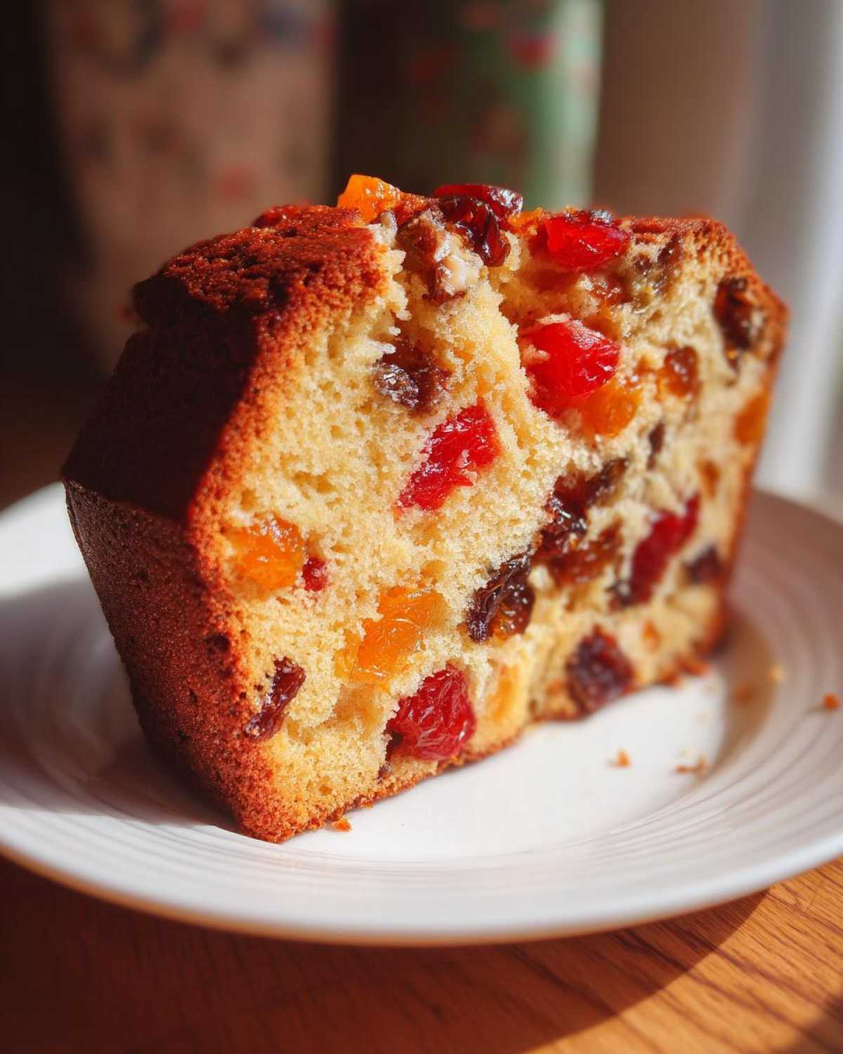 Close-up of a moist slice of fruit cake recipe, packed with colorful dried and candied fruits.