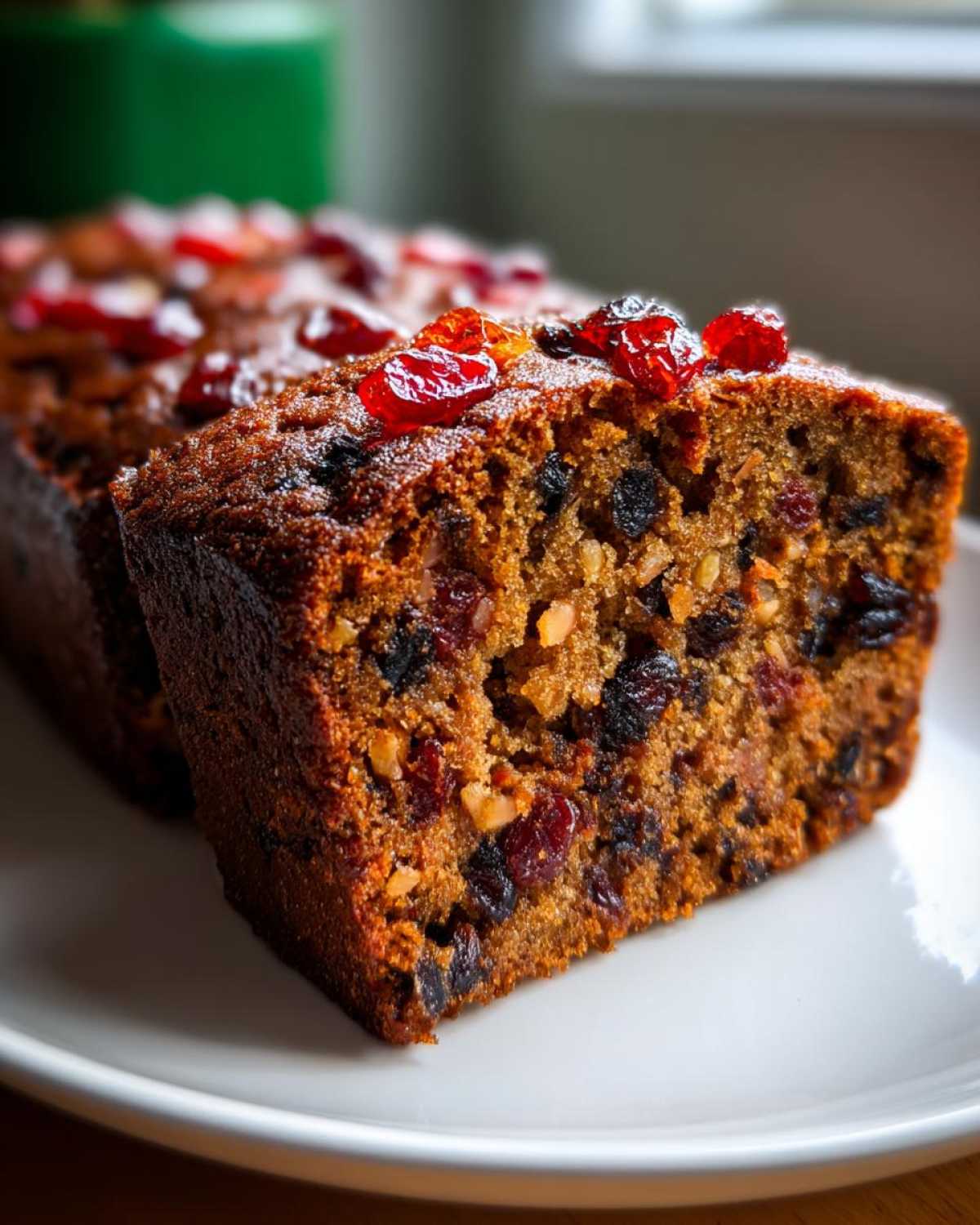 Close-up of a moist slice from an amazing fruit cake recipe, packed with dried fruits and nuts.