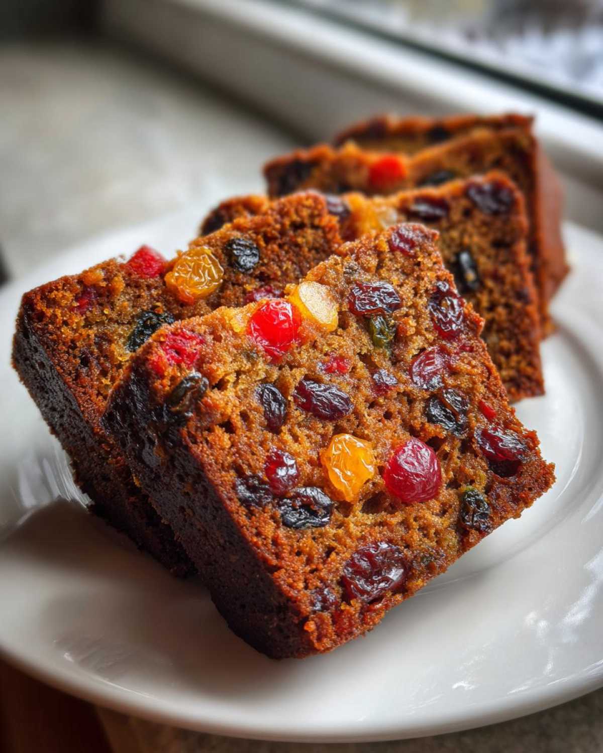 Close-up of several moist slices of fruit cake recipe packed with colorful dried and candied fruits.
