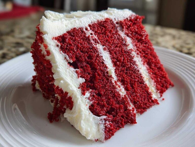 Close-up of a moist slice of red velvet cake showing three layers separated by thick cream cheese frosting.