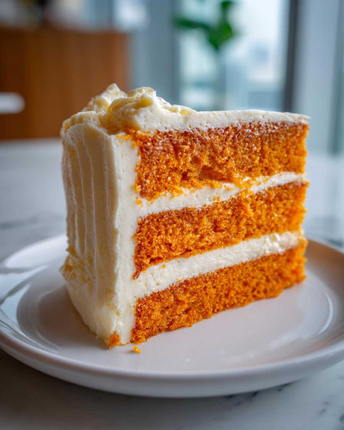Close-up of a moist, three-layer slice of Creamsicle Cake with bright orange sponge and white frosting.