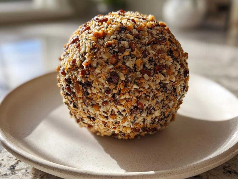 A perfectly formed, round cheese ball recipe coated entirely in chopped nuts and spices, resting on a light ceramic plate.