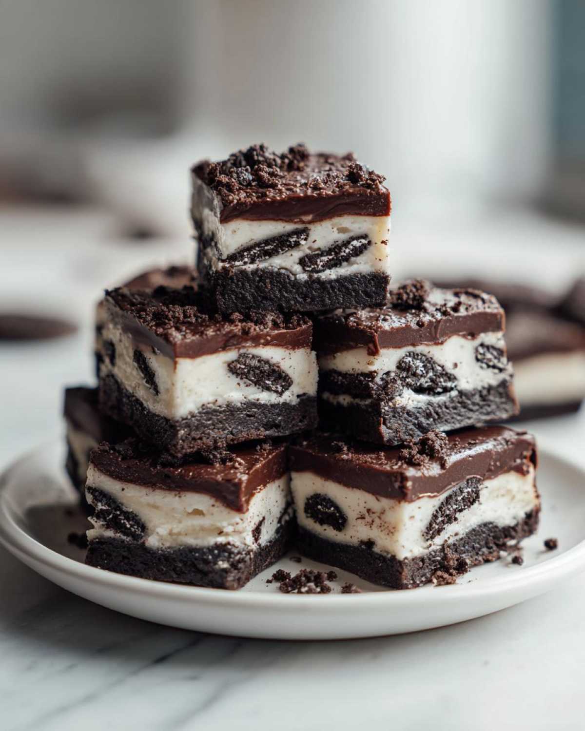 A stack of rich, layered Oreo fudge squares featuring a dark chocolate base, creamy white filling with Oreo pieces, and a chocolate ganache top.