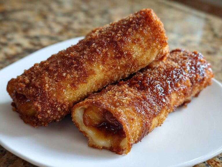 Two golden brown, fried peach cobbler egg rolls dusted heavily with cinnamon sugar on a white plate.