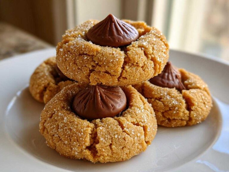 A stack of three sugar-coated peanut butter blossom cookies topped with chocolate kisses on a white plate.
