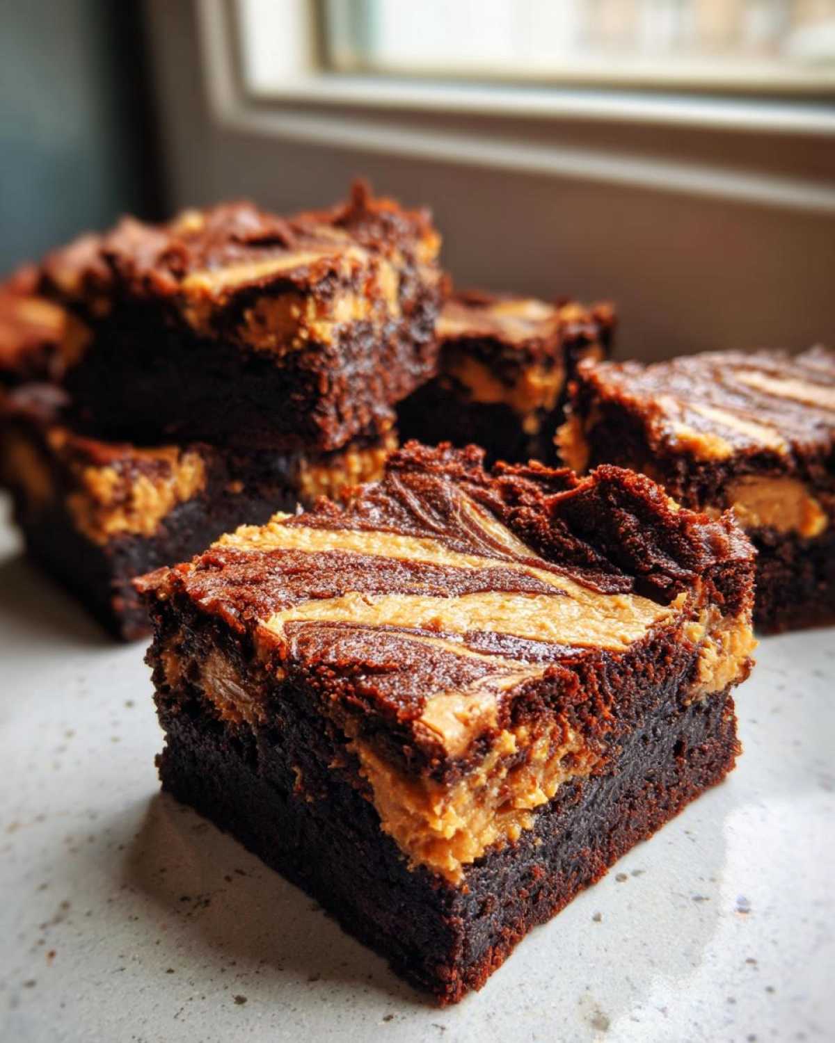A close-up of fudgy peanut butter swirl brownies stacked slightly on a light surface.
