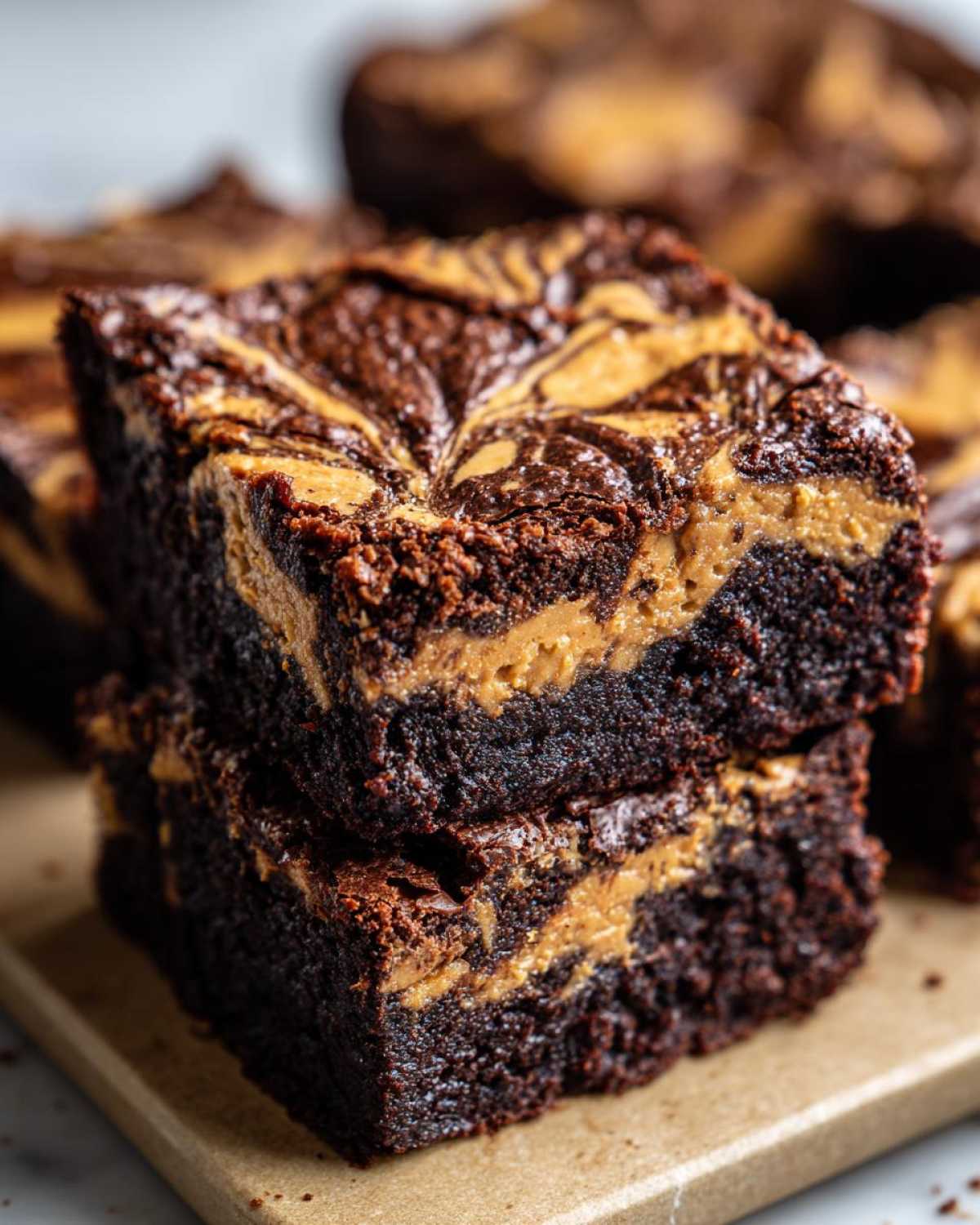 Close-up of two stacked, fudgy peanut butter swirl brownies showing the distinct peanut butter layer.